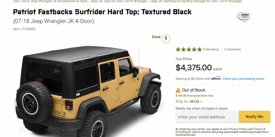 Patriot Fastbacks Surfrider Hard Top; Textured Black (07-18 Jeep Wrangler JK 4-D