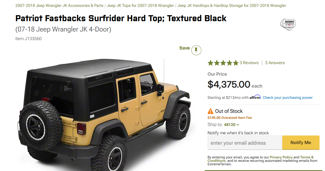 Patriot Fastbacks Surfrider Hard Top; Textured Black (07-18 Jeep Wrangler JK 4-D