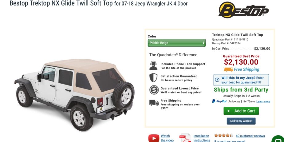 Bestop Trektop NX Glide Twill Soft Top in Pebble Beige