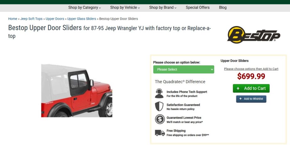 FOR SALE – Bestop Upper Door Sliders for 87-95 Jeep Wrangler YJ