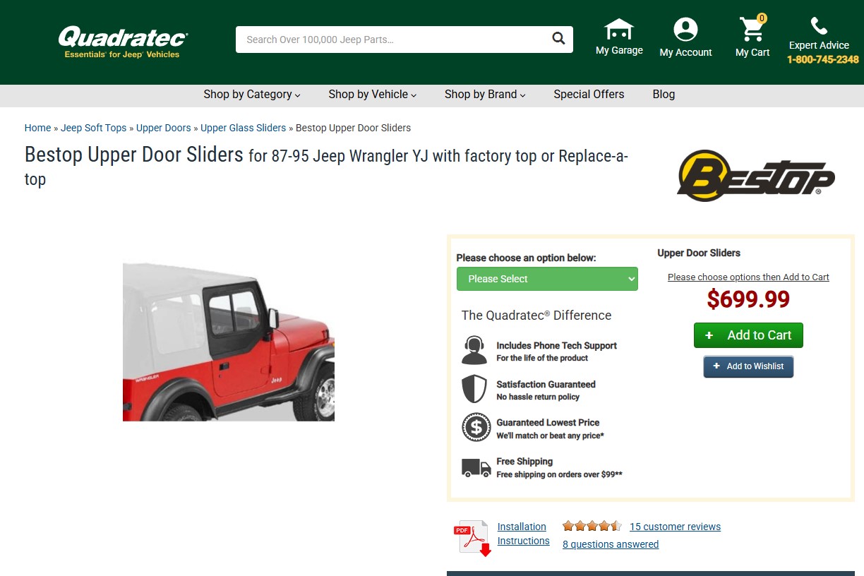 FOR SALE – Bestop Upper Door Sliders for 87-95 Jeep Wrangler YJ