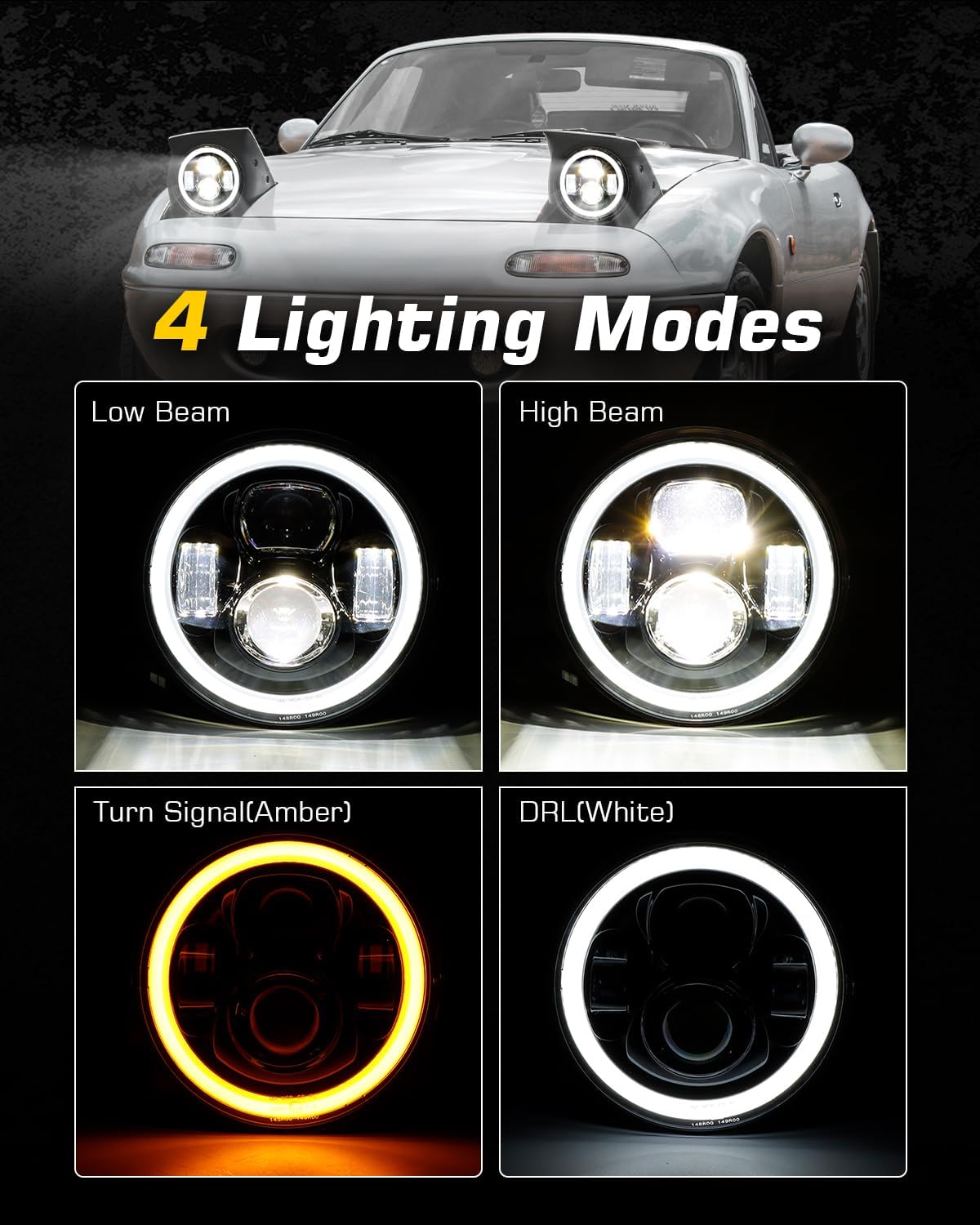 LED Headlights. 7 Inches. Round Halo