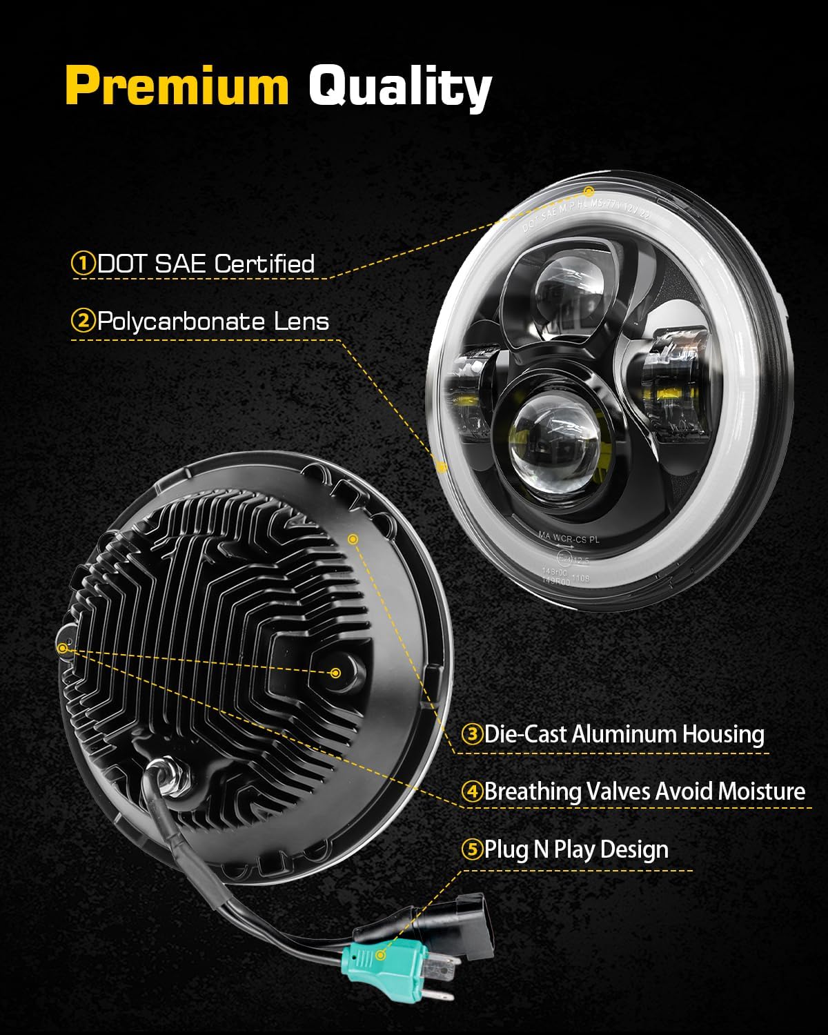 LED Headlights. 7 Inches. Round Halo